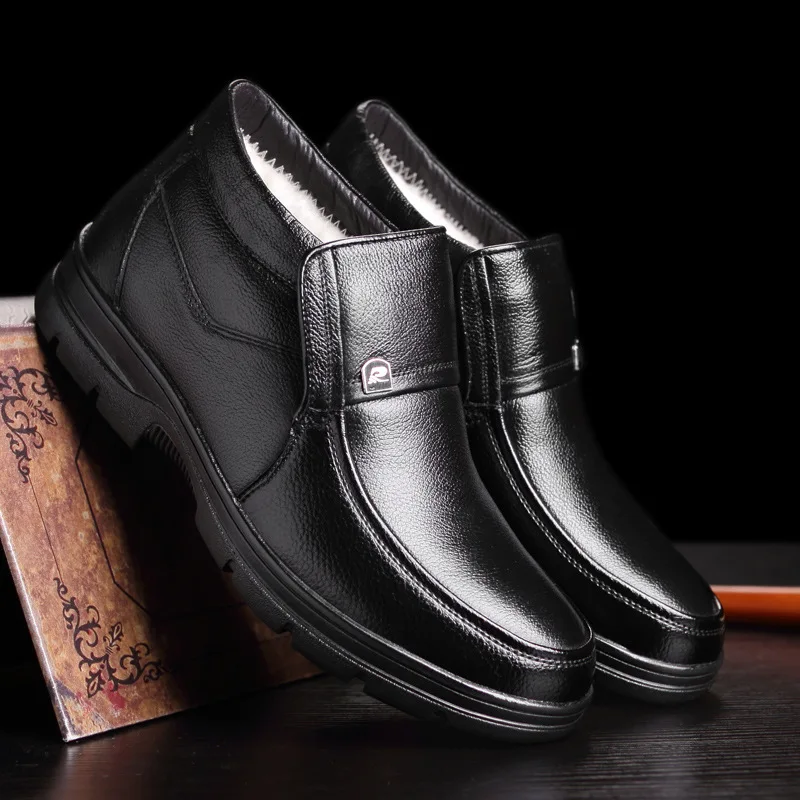 Genuine Leather Shoes Men Winter Boots Warm Cotton Cold Winter Cow Leather Male Footwear Black Ankle Boots A1883