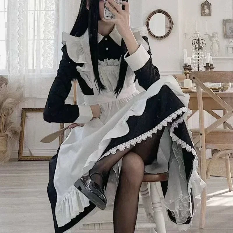 Robe de femme de chambre Lolita classique pour femmes, inspiration vintage, tenues pour femmes, Cosplay Anime Girl, robe noire à manches longues, S-3XL