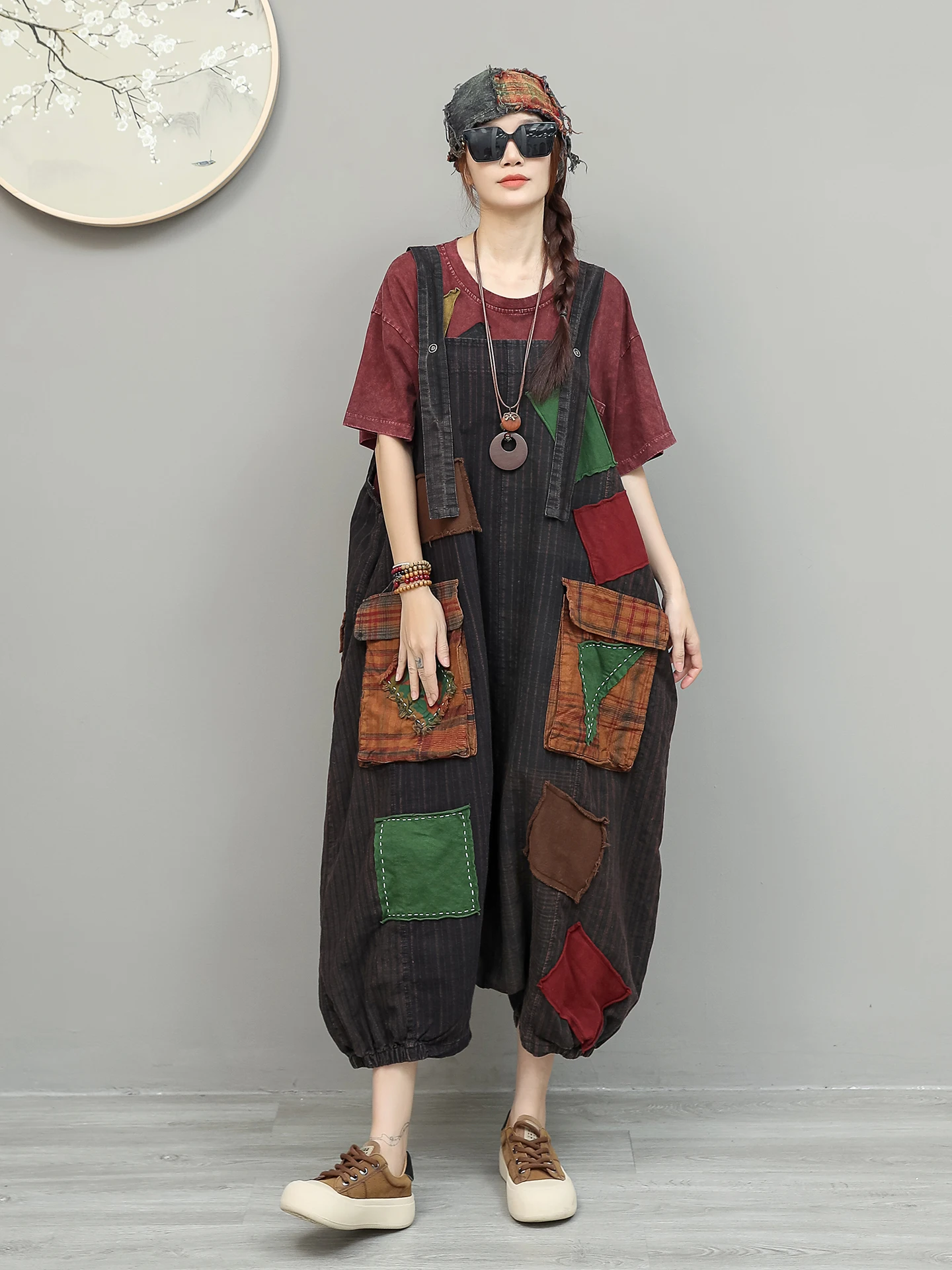 Unique Niche Style Distressed Vintage Fabric Patchwork Overalls Women High-waist Loose Sleeveless Jumpsuit ZXY090 - Image 5