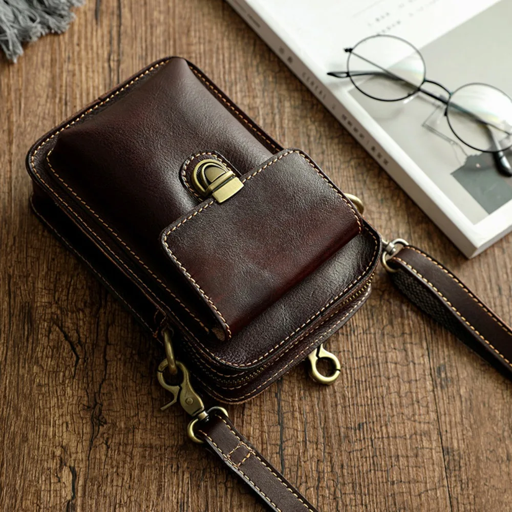 

Vegetable Tanned Hand-polished Leather One-shoulder Crossbody Premium Layer Cowhide Men's Fanny Pack Small Hanging Bag Vintage