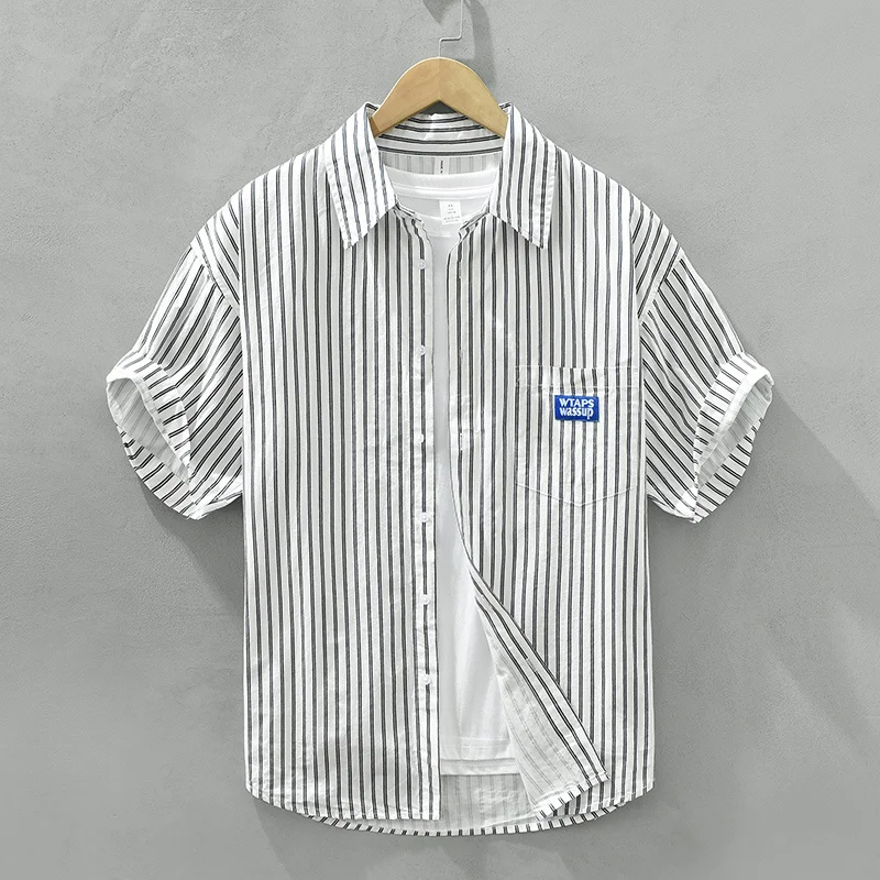 2023 New Summer Striped White Shirt for Men Casual Turn-down Collar Tops Man Fashion Loose Button Up Clothing