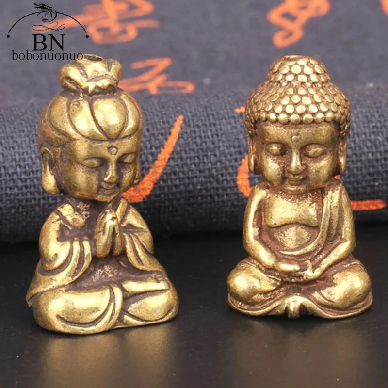 Mini Solid Brass Guan Yin Buddha Small Ornaments Vintage Copper Buddha Statue Miniature Figurines Handcraft Desktop Home Decors