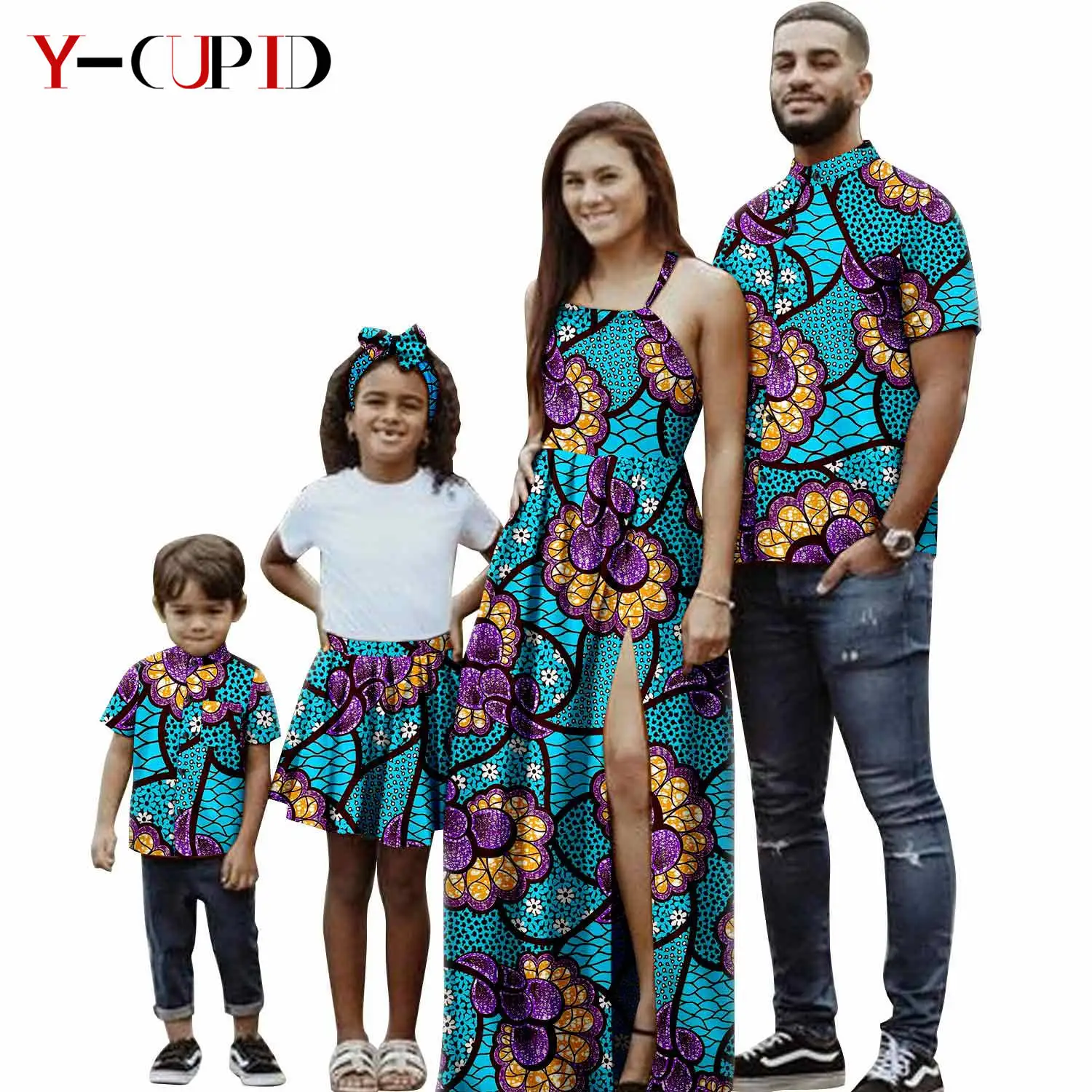 

African Print Long Dresses for Women Matching Family Clothes Summer Outfits Dashiki Men Shirt and Pant Sets Party Wear 24F015