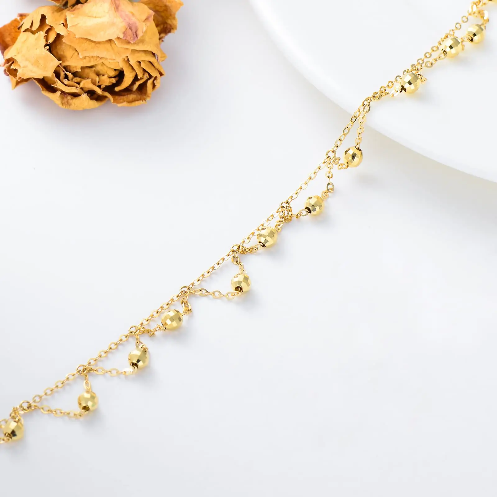 YFN 14k Gold Bead Station Choker Necklace for Women Dangling Ball Chain Jewelry Gifts