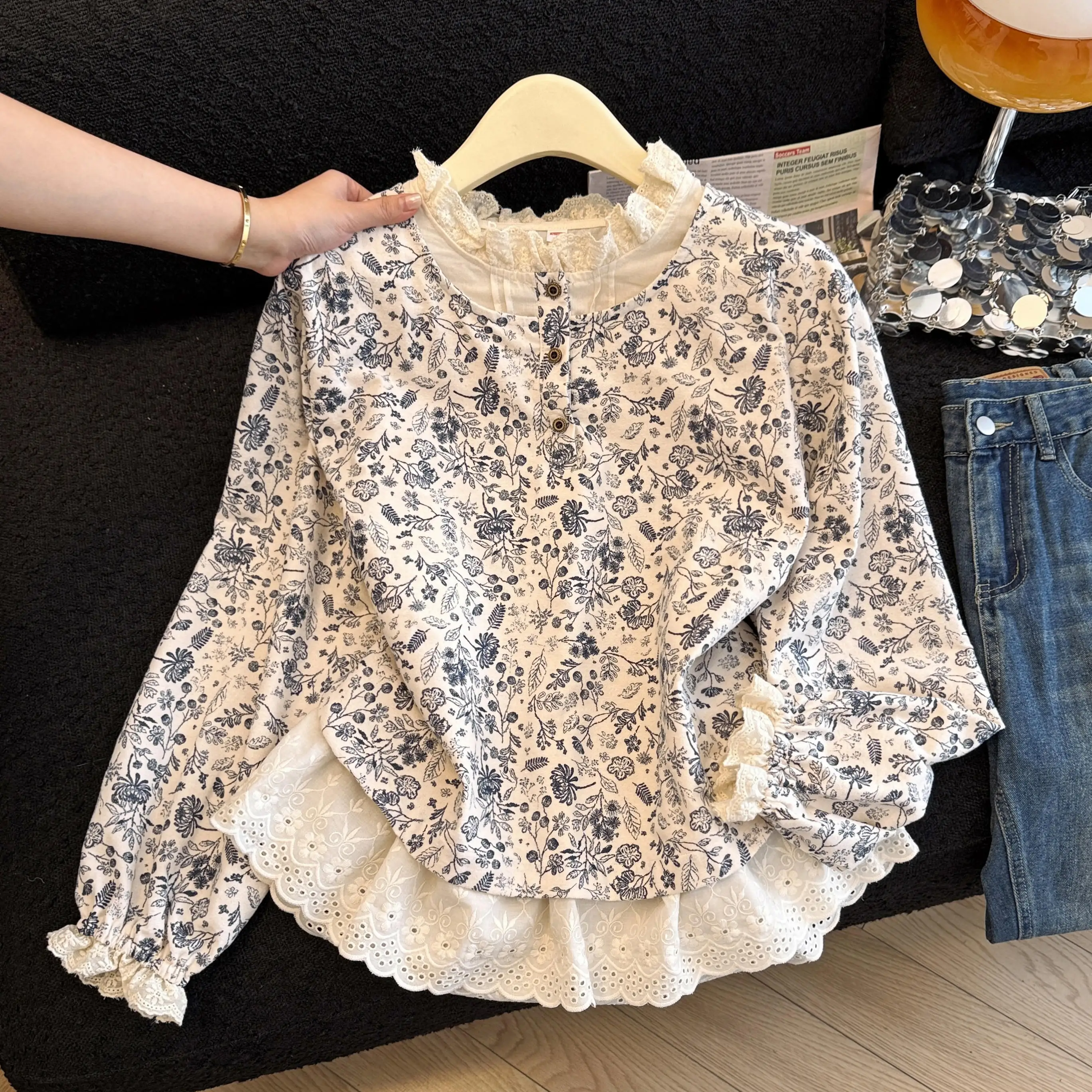 

Loose Base Layer T-irt Women's plus Size Spring Autumn New Floral Embellied Brued Two-Piece Sle Long Sve irt