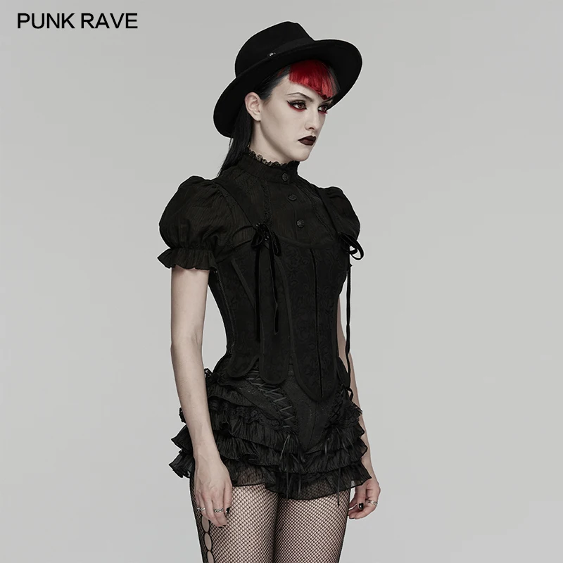 PUNK RAVE Women's Gothic Dark Jacquard Cake Shorts Ruffle Lace Drawstrings Romance Texture Short Pants Summer