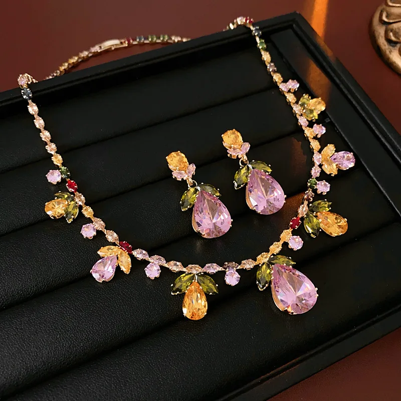 

2 Pcs Fine Colourful Translucent Leaves Ladies Jewellery Set Necklace Earrings Dinner Prom Summer Dress Wedding Gift M-409