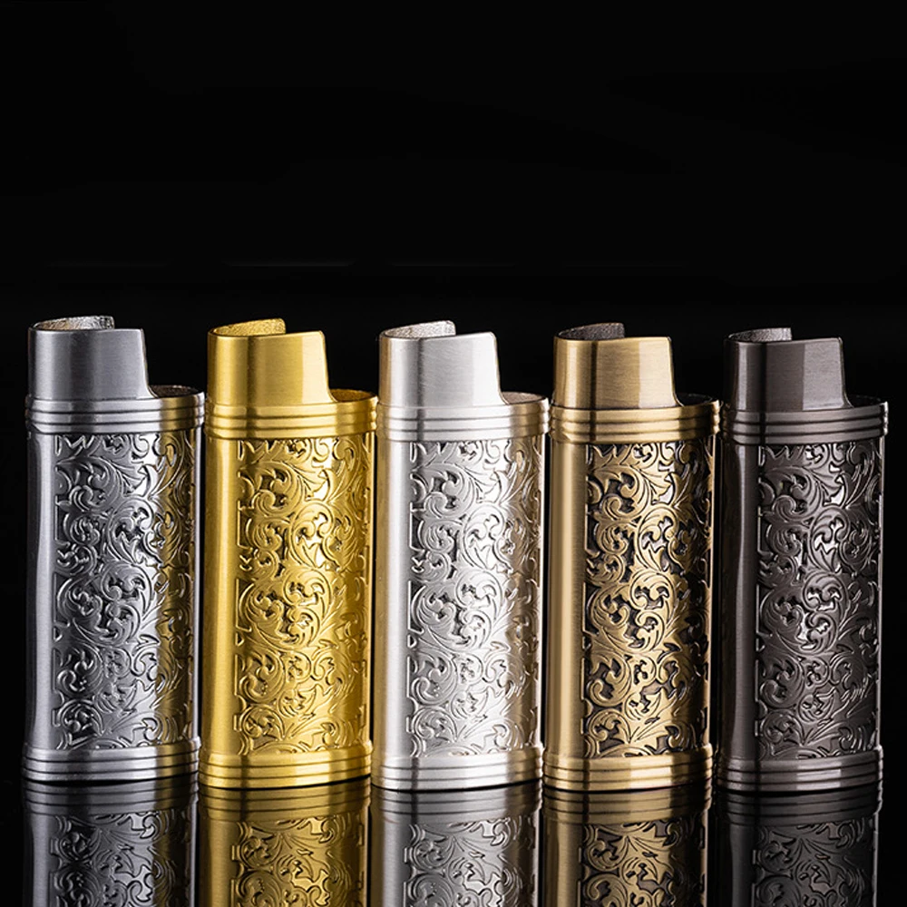 Vintage BIC J5 Gas Lighter Cover Holder Pouches Arabesque Hollow Carving Lighters Cover Metal Case Lighter Protection Case