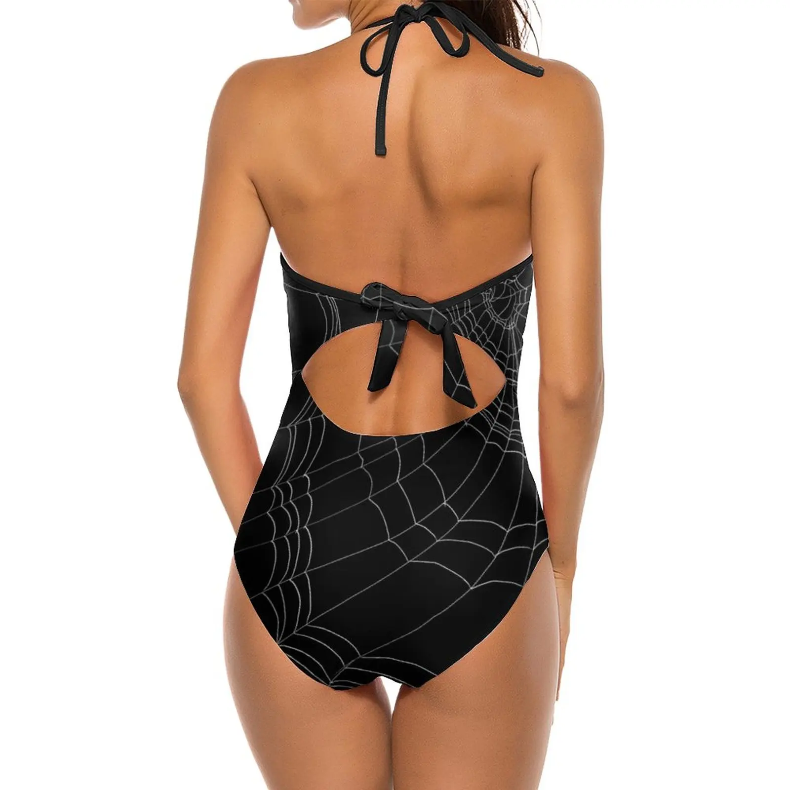 Lazy Spider\'S Web Deep V-Neck Halter One-Piece Swimsuit Ladies Monokini Beach Bathing Suits Swimwear Goth Gothgoth Spider