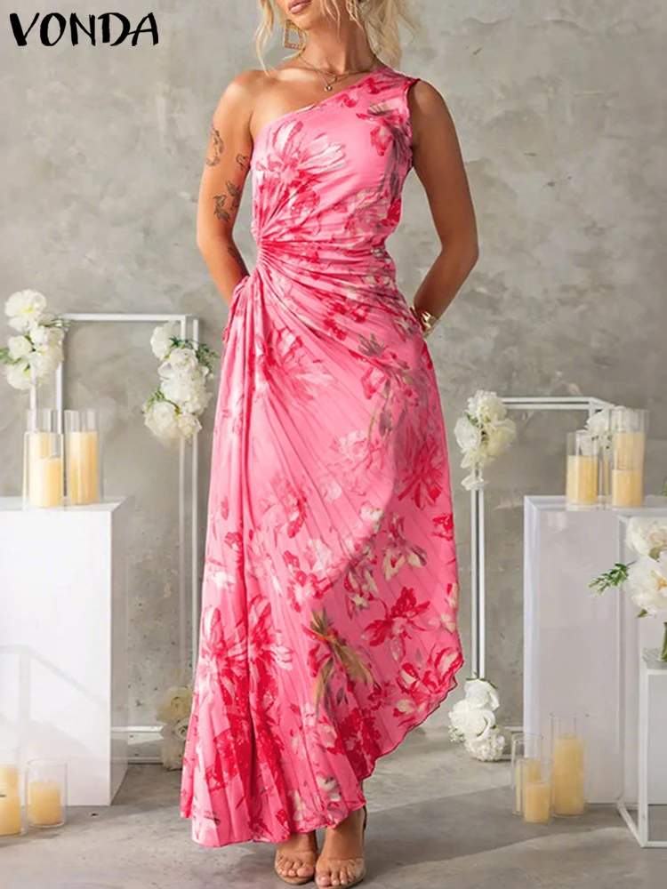 

Plus Size 5XL VONDA Women Maxi Long Dress Summer Off Shoulder Sundress Sleeveless Pleated Bohemian Floral Print Beach Vestido