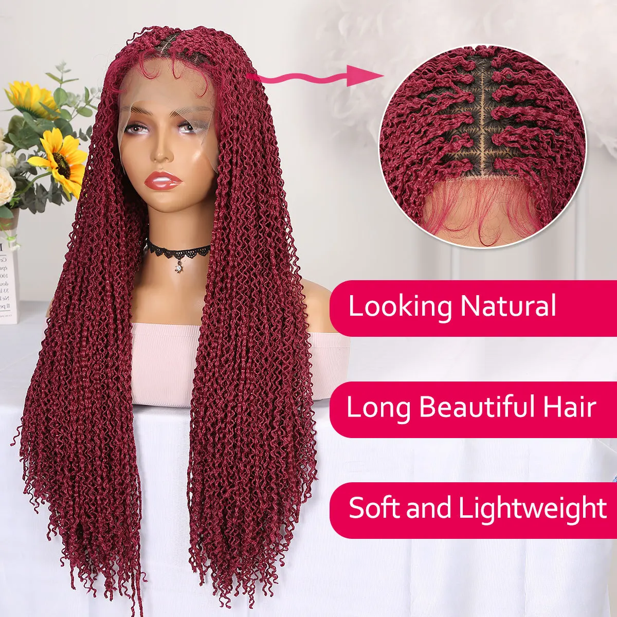 African American Wig Three Strands Creadlocks Female Front Lace 24 Inch Braided Wig Lace Wig Hand Hook Red Wig Headgear Cosplay