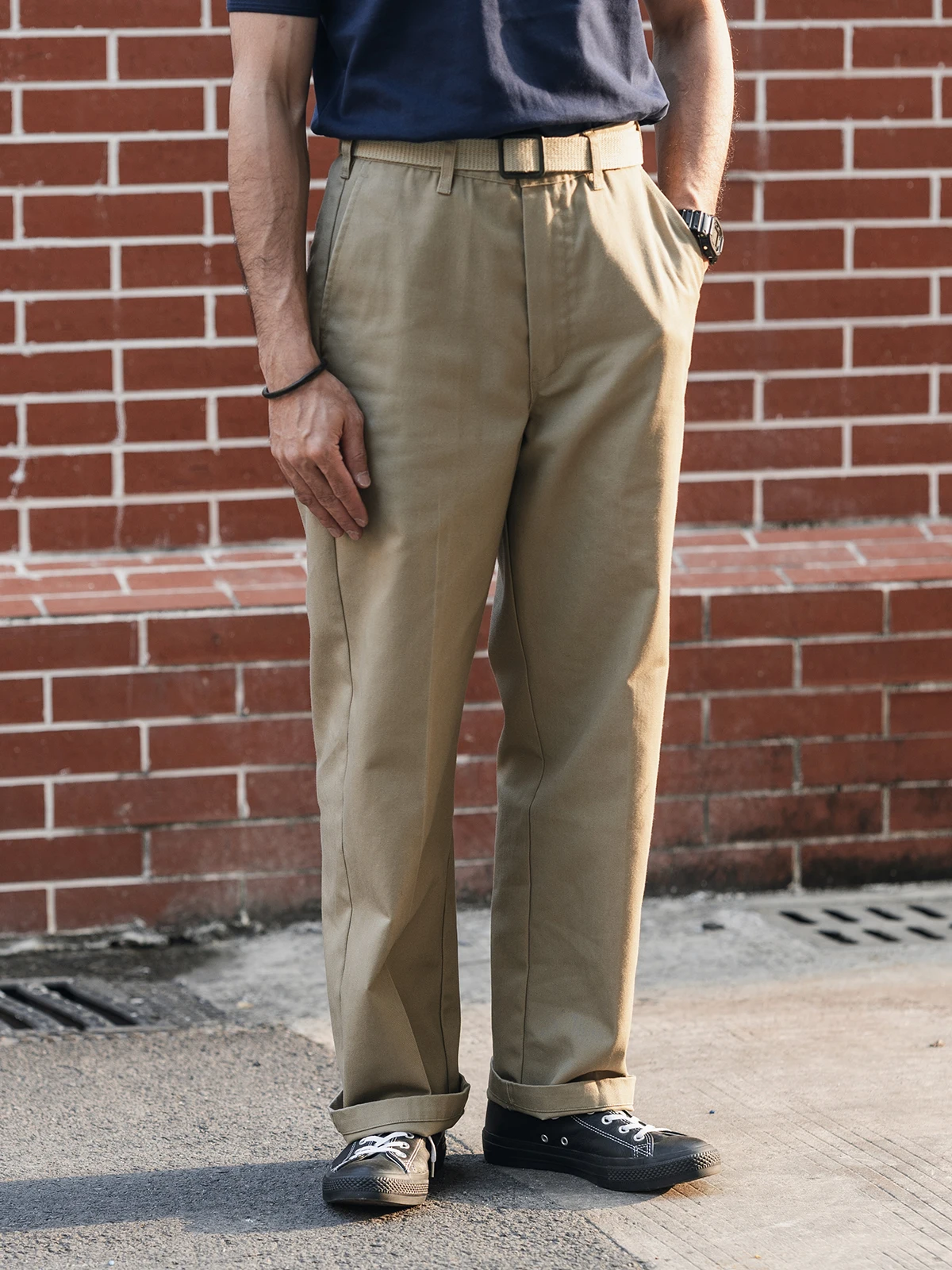 

Non Stock Casual Cotton Polyester Blend Khaki Wide Leg Anti-Wrinkle Workwear Pants Straight Cut Long Trousers for Youth