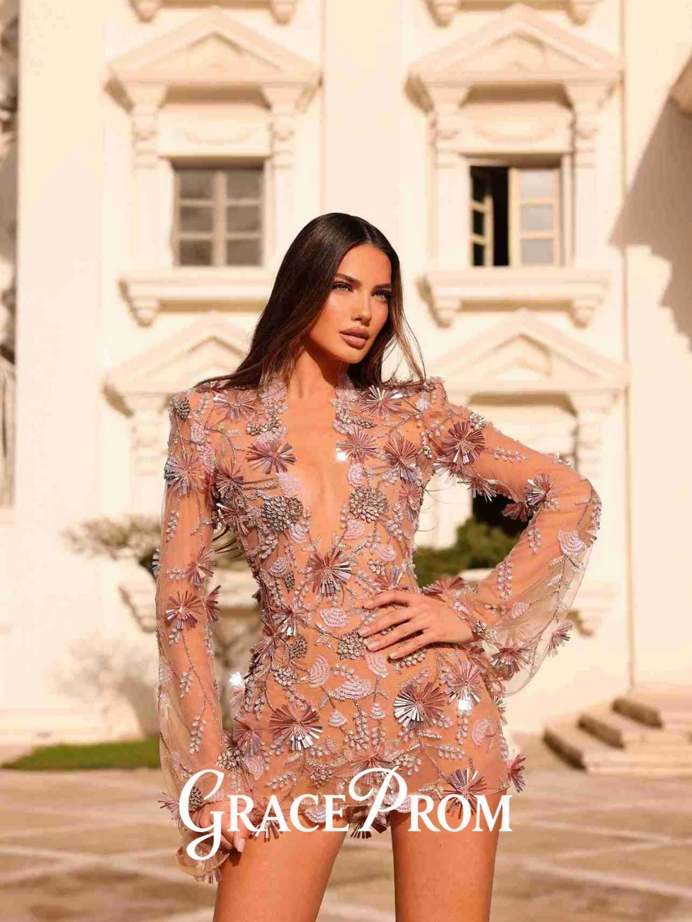 

GraceProm Exquisite 3D-Flower Evening Dress 2026 Sheer-Mesh Carpet Gown Glamorous Above-Knee Party Gown فساتين سهرة