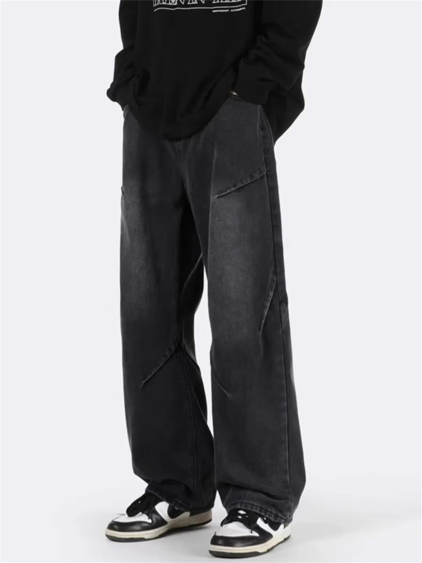 

Loose Straight Leg Wide Leg Jeans for Men High Street Sle Splicing Design American Decosition Long Pants Casual Jeans