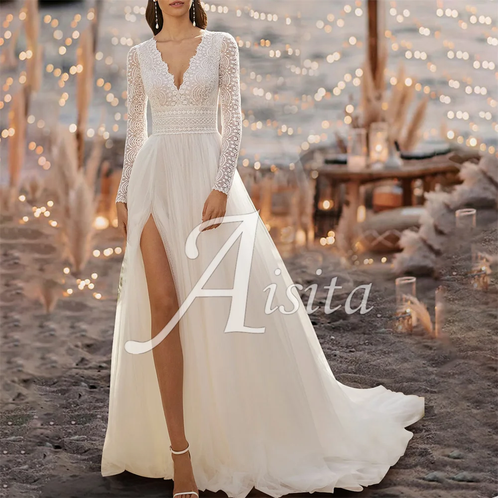 Beach A-Line Wedding Dress V Neck Long Sleeve Bride Dresses With Split Front customized Lace Wedding Dresses Vestidos Dresses