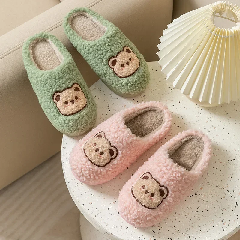 New Women Home Slippers Men Furry Indoor Bedroom Flats Warm Plush Couples Cute Cartoon Bear Winter Floor Slides Non-slip Shoes