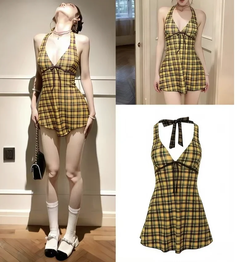 

Yellow Plaid One-Piece Bikini Women's Dress Style Slimming Belly Covering High-End Feeling Swimming Costume Thermal Vacation ...