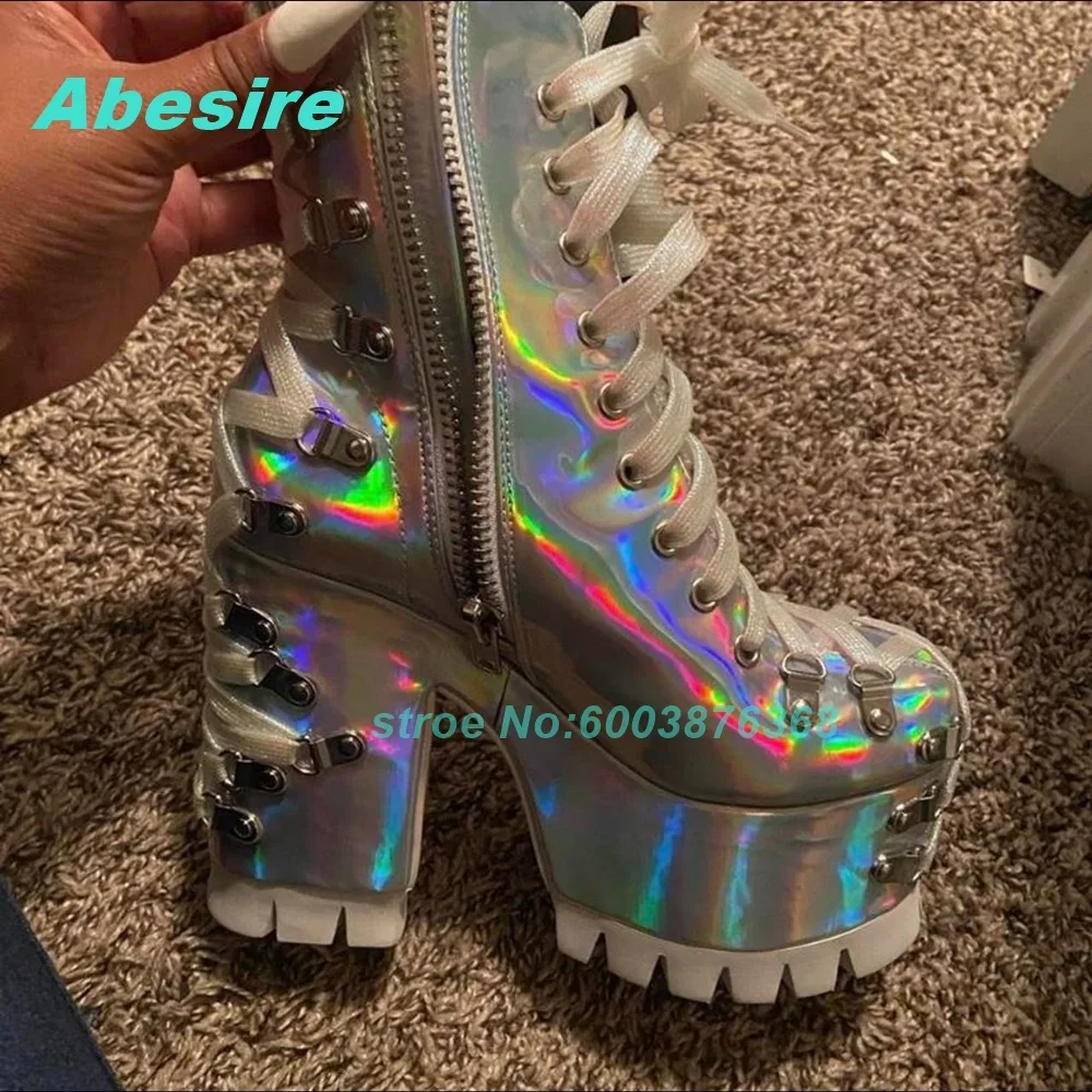 

Round Toe Chunky Heels Platform Zipper Shoes for Women Punk Cross-Tied Colorful Leather Ankle Boots Metal Decoration Cool Shoes
