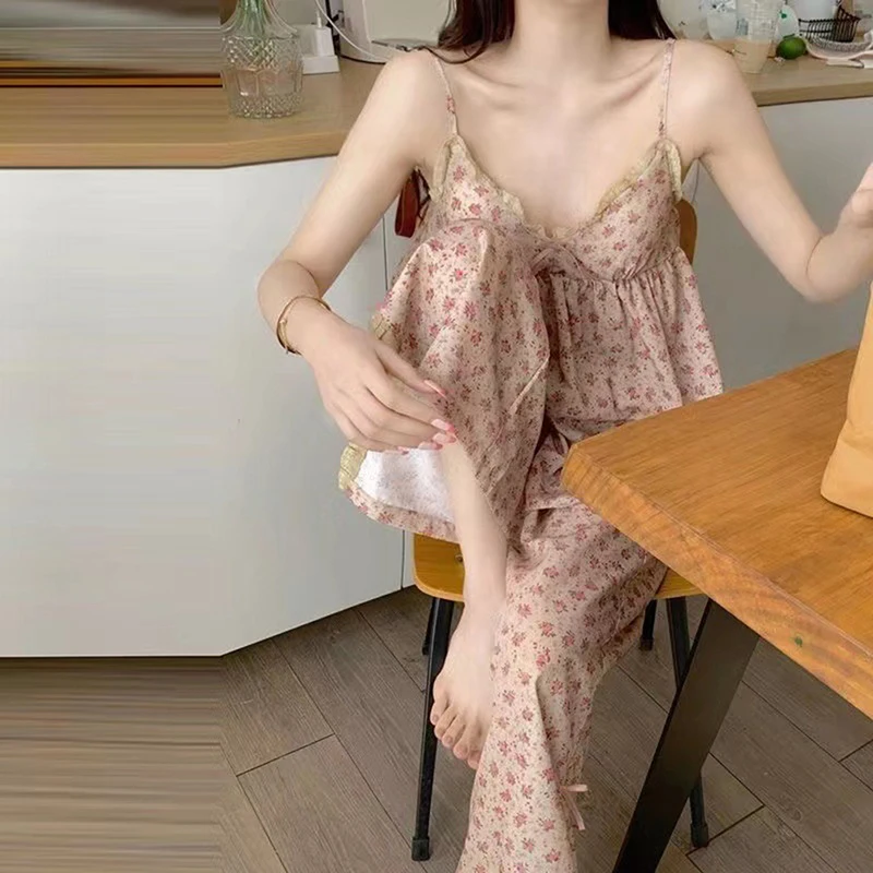 Korean Style Women Girls Floral Printed Pajamas Set Sexy V Neck Lace Sleepwear