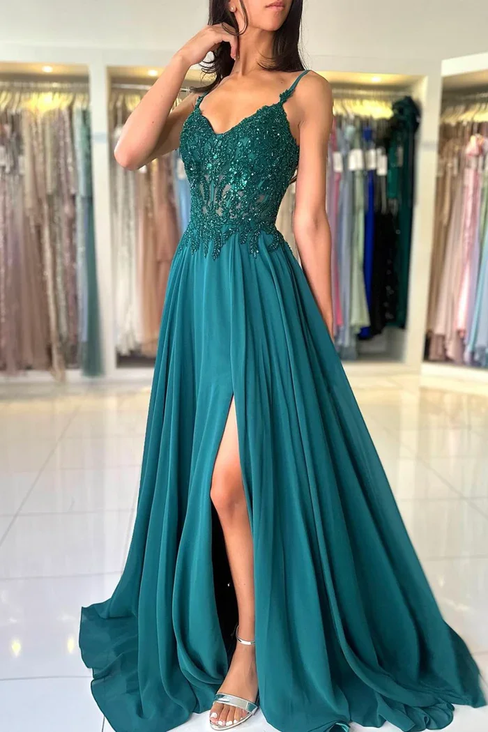 Sunnye 2024 Spaghetti Straps A-line Lace Evening Dress Green Chiffon Prom Gown Elegant Sweetheart Side Slit vestidos de fiesta