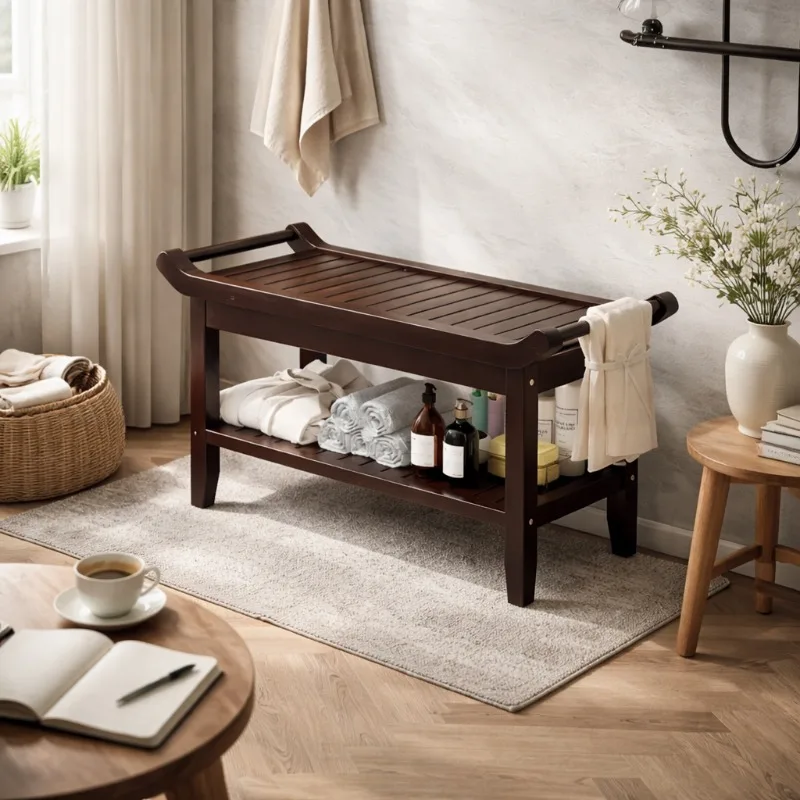 

Multifunctional Bamboo Stool Non Slip Waterproof, Bathroom Shower Seat for Elderly, Anti Corrosion Bathtub Bench for Entryway