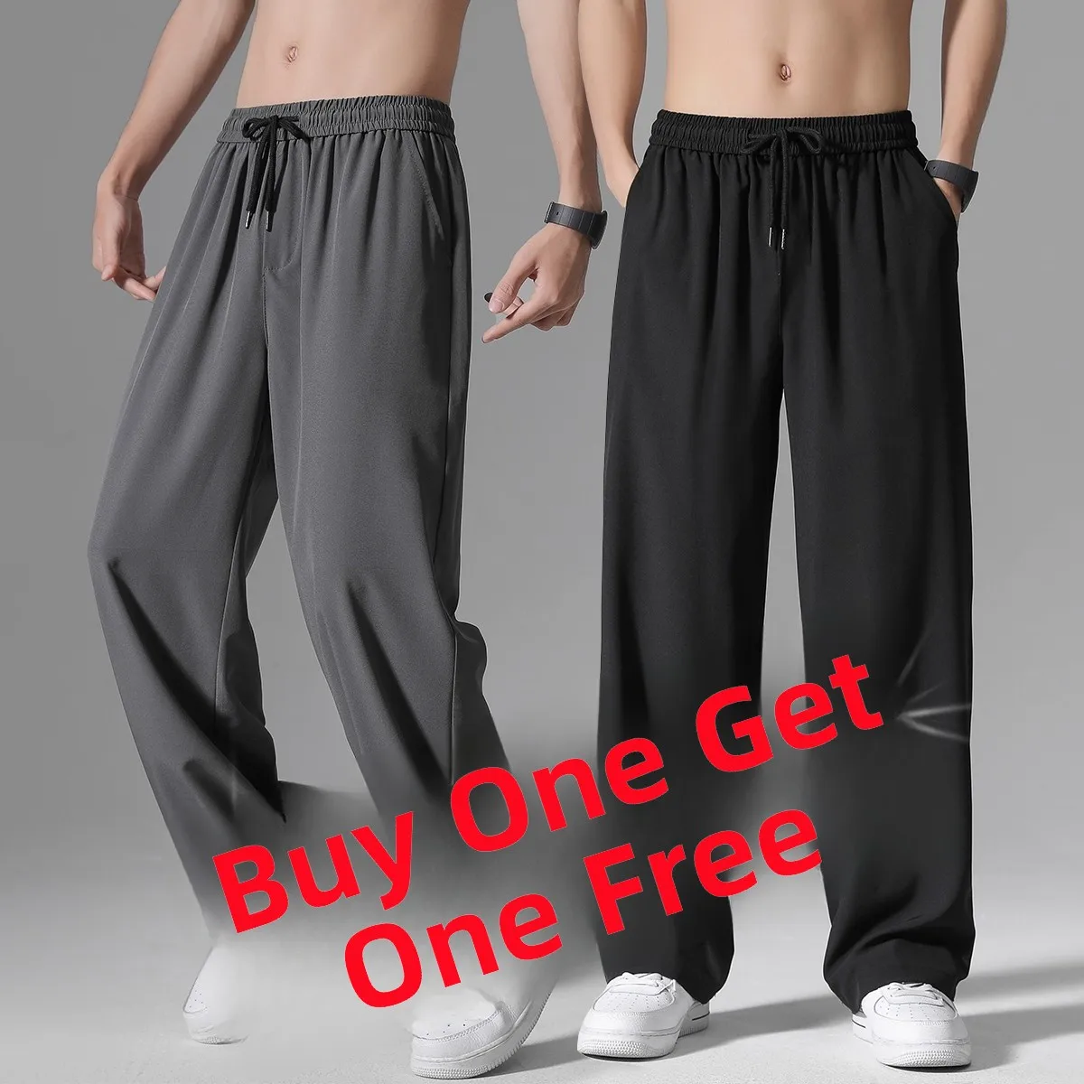 

Men's Summer Thin Qui Dry Ice Silk Straight Leg Wide Leg Sport Casual Drape Pants mid Low Waist Pure Color Loose Fit