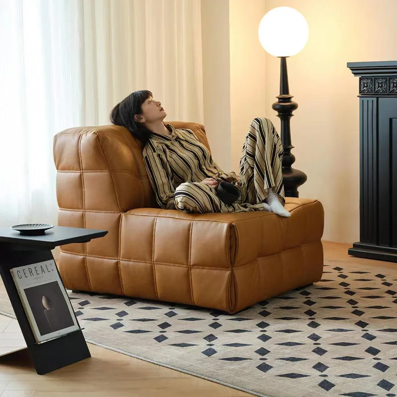 Medieval leather retro living room oil wax leather waffle small apartment square simple three-person lazy sofa chair