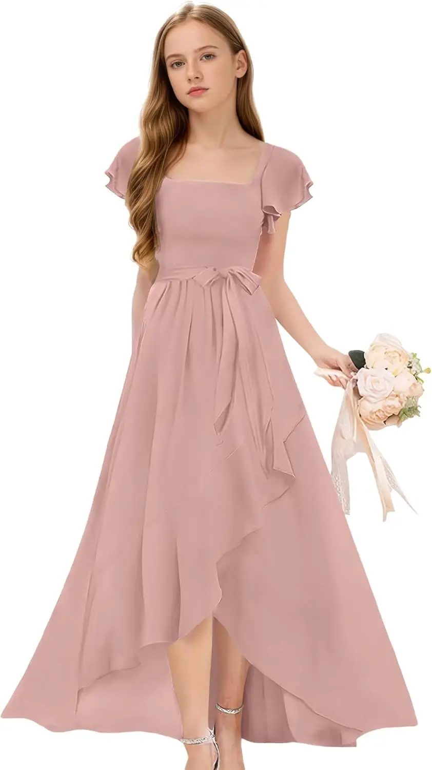 Младшие платья подружки невесты для девочек-подростков, шифоновое платье с короткими рукавами для девочек с цветочным узором, пышные платья для свадебной вечеринки, платье для девочек