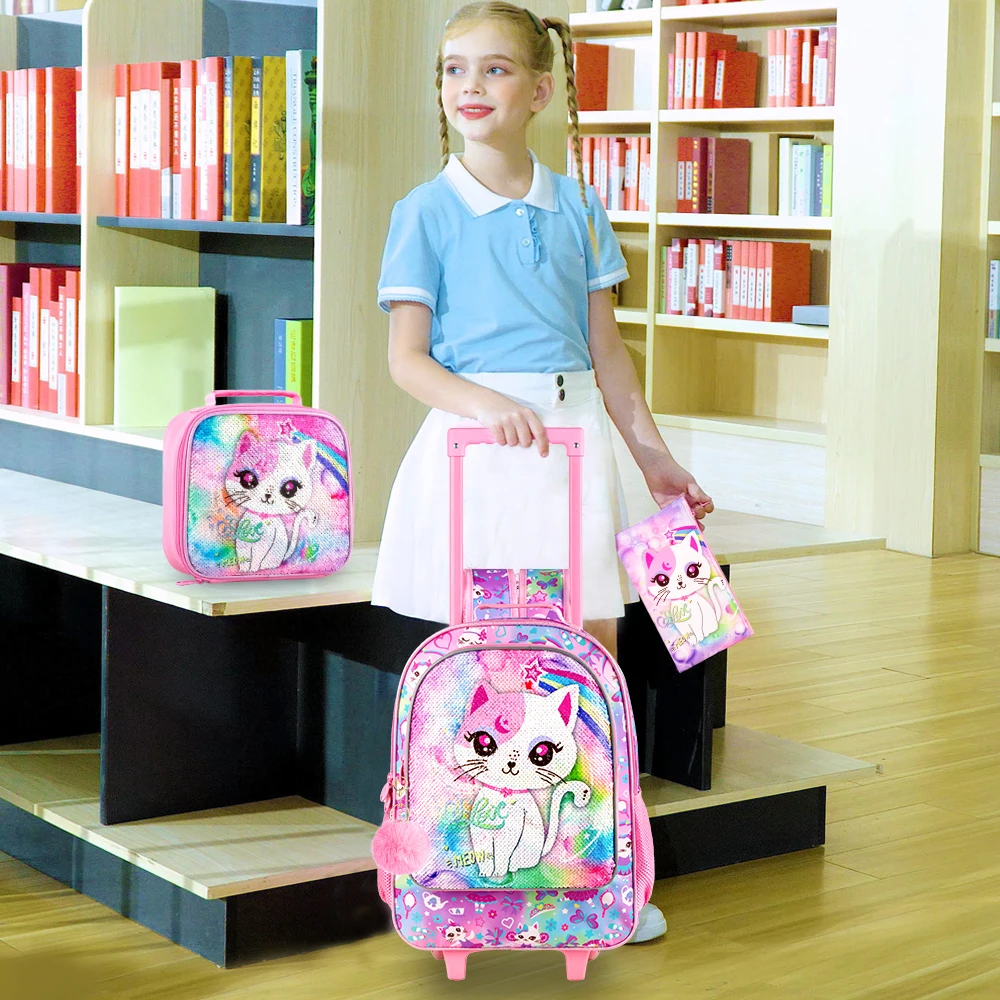 4PCS Kids Rolling Backpack for Girls, Cute Cat Sequin Wheeled Bookbag, Pink Roller School Bag with Wheels for Elementary