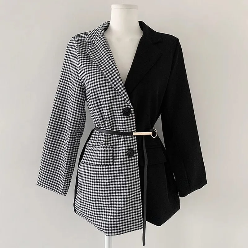 Coreano vintage pied de poule plaid splicing giacca cintura primavera donna casual monopetto bavero manica lunga blazer cappotto