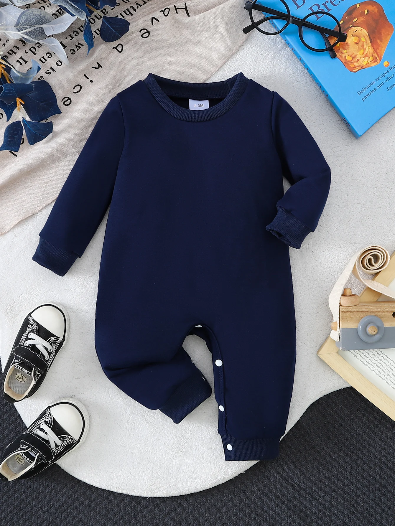 

Baby Pure Cotton Long-sleeve Romper, Dark Blue Versatile Jumpsuit, Spring Autumn Warm Onesies, Newborn Outfit”