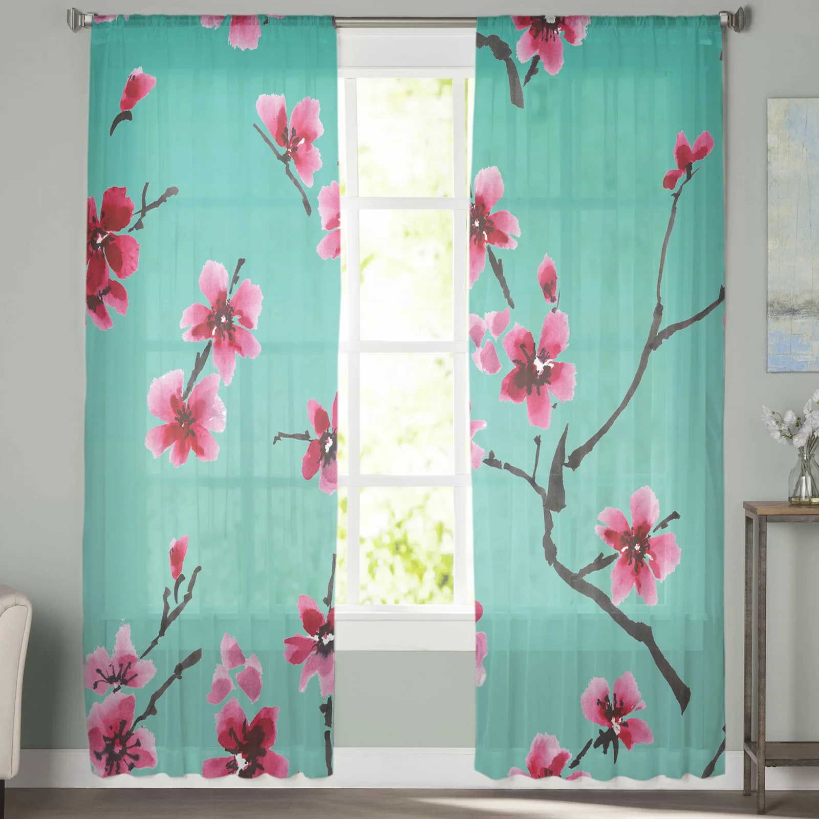 Blossoming Cherry Blossom Ink Painting Tulle Curtains for Bedroom Home Decor Living Room Kitchen Voile Curtains for Blind Drapes