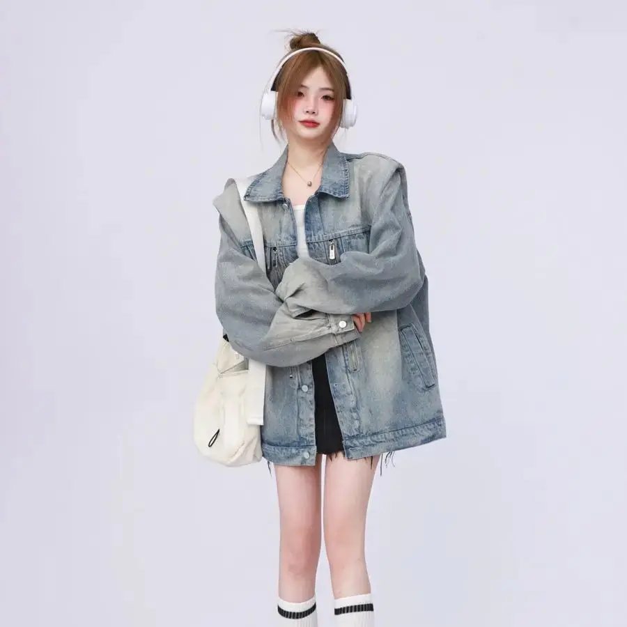 Denim Jacket With Shoulder Pads American Retro High-End Right-Shoulder Trendy Brand Women Spring And Autumn Design Niche Jacket