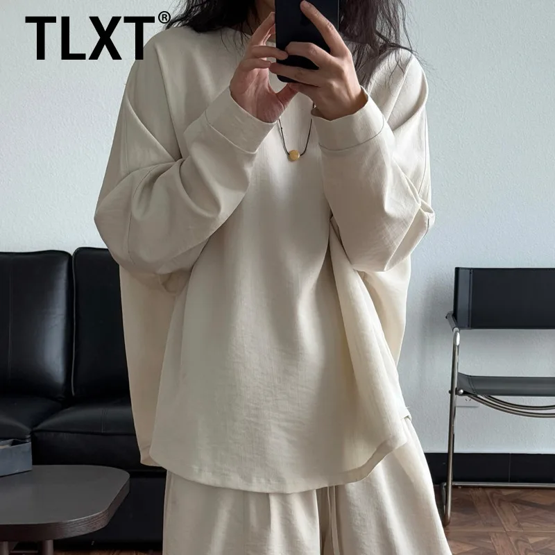 

TLXT Elegant Women's Solid Shirt Round Neck High Waist Long Sleeve Loose Commute Shirts Female Spring 2025 New Clothing XK1211