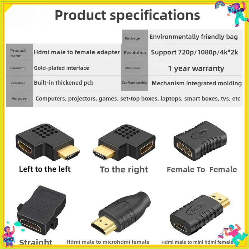 

Micro Mini HDMI Adapter Male to Female Earbend 90/270 Degrees Computer Graphics Card Single Reaction Machine for HDMI Cable
