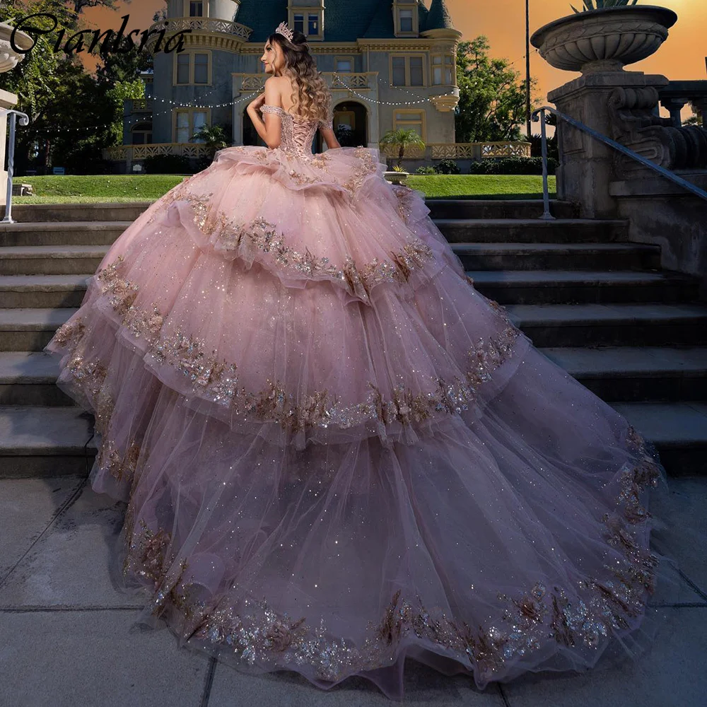 Pink Off The Shoulder 3D Flowers Ball Gown Quinceanera Dresses Ruffles Sequined Appliques Lace Corset Vestidos De 15 Años