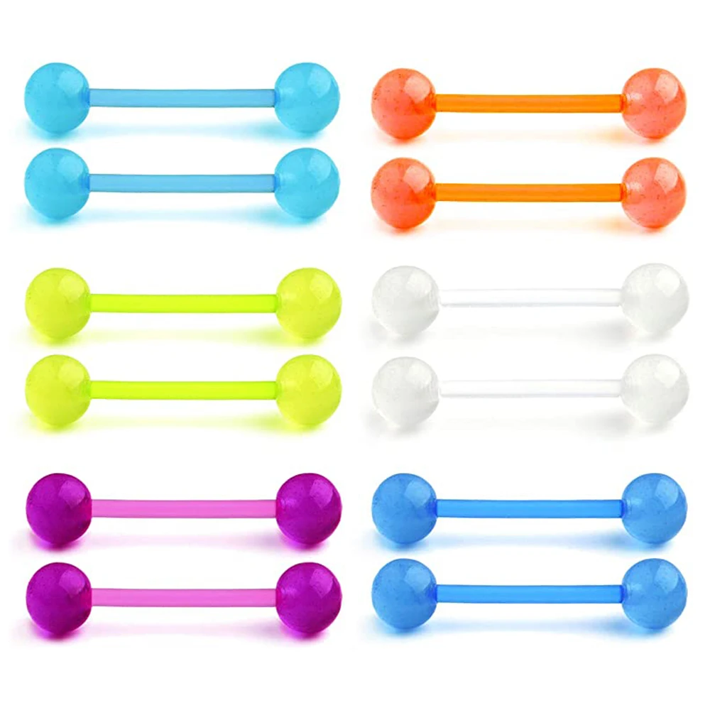 Plastic Tongue Rings Nipple Barbell Nipplerings Piercing Bioflex Flexible Glow in The Dark Ball Clear Tongue Piercing Retainer