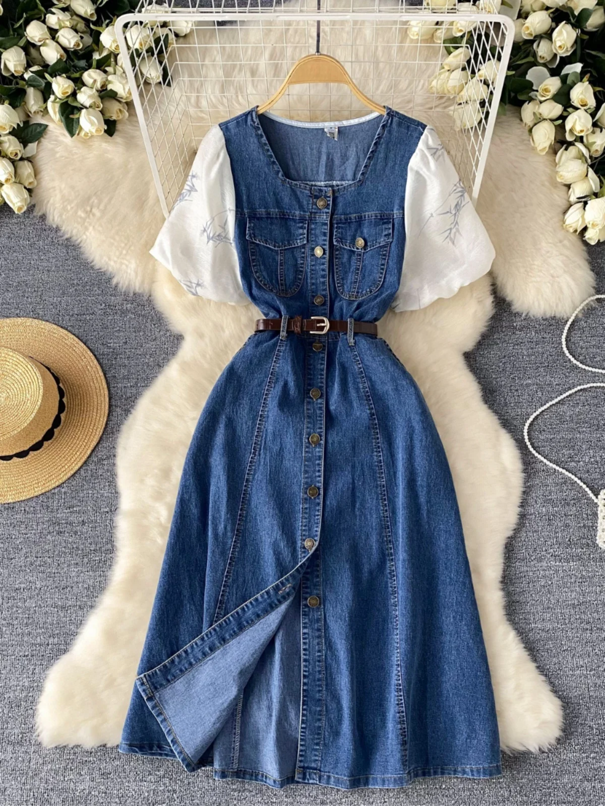 

Женское джинсовое платье с коротким рукавом, весна-лето, модное, с высокой талией, А-силуэт, с квадратным вырезом, молодежное