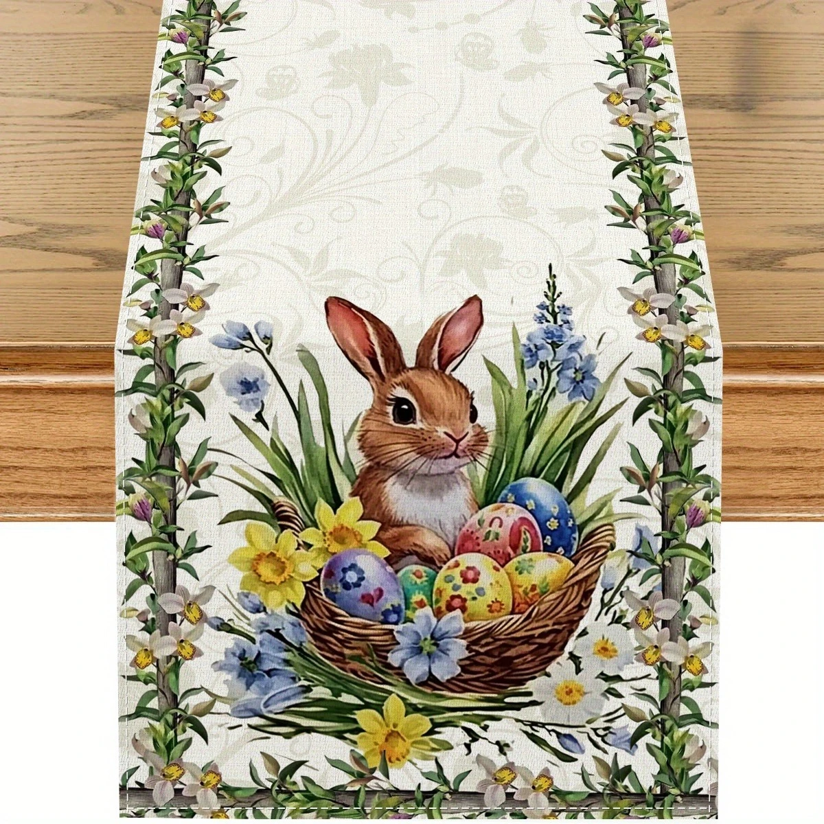 1 Stück, Tischläufer aus Leinen mit Osterhasen und bunten Eiern – Aquarell-Blumenmuster mit rosa Streifen