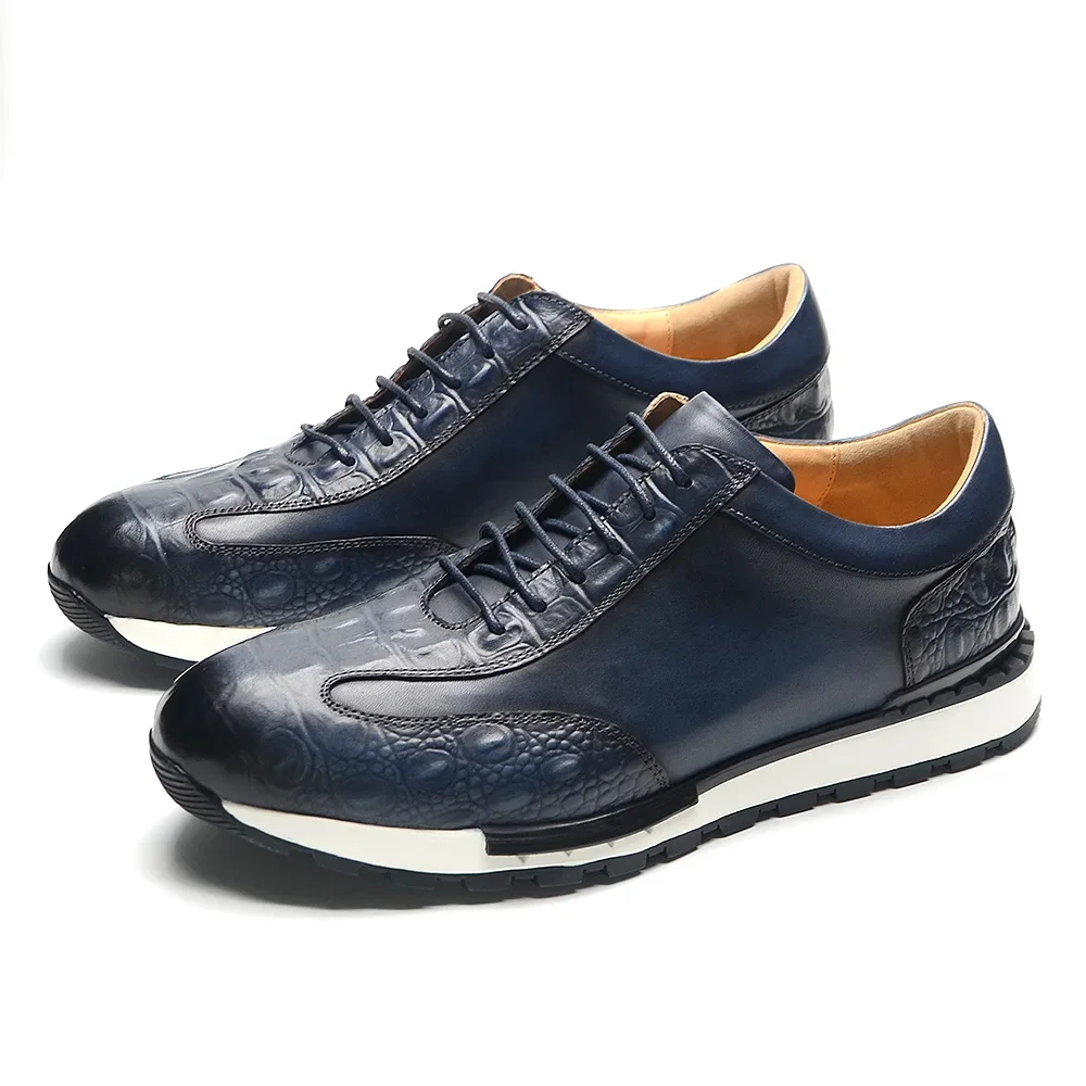 XEBOS Men\'s Oxford Sneaker Cow Genuine Leather Crocodile Pattern Fashion Mens Shoes Lace-Up Business Office Casual Male Footwear