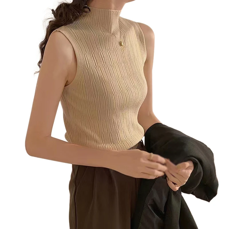 Women's Half Turtleneck Temperament Slimming Tank Top Solid Color Sleeveless Casual Verdsatile Knitted Pullover Tops