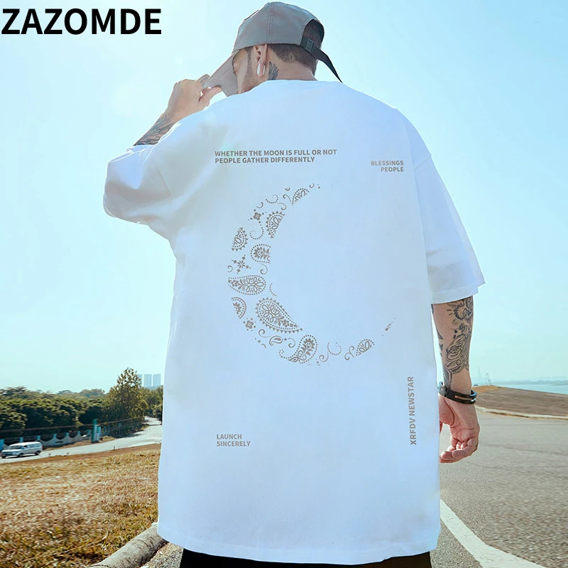 ZAZOMDE Men Moon Print Tees Loose Oversized Tshirts Casual Fashion Tops Couples Harajuku Tee Shirt Streetwear Hip Hop T Shirt