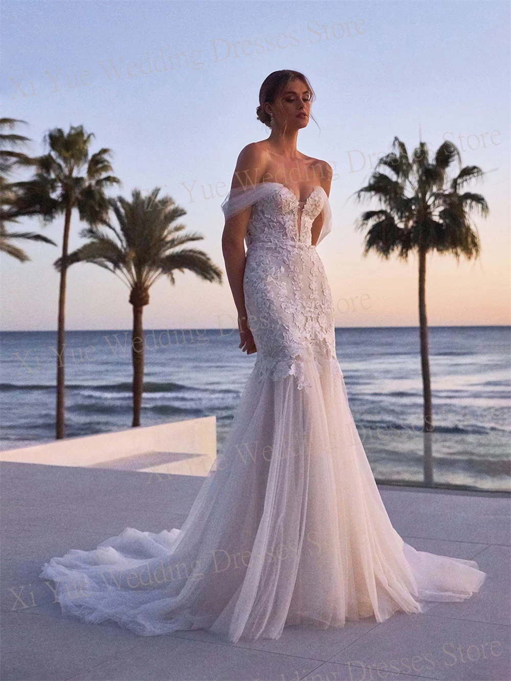 

Classic Beach Sweetheart Neck Wedding Dresses Beautiful Off The Shoulder Lace Appliques Bride Gowns Backless Sleeveless Mermaid