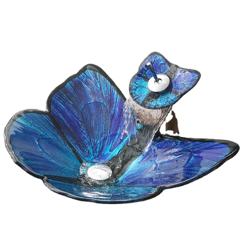 blue art butterfly tempered glass table top wash basin for public toilet family bathroom hotel shower room sinks