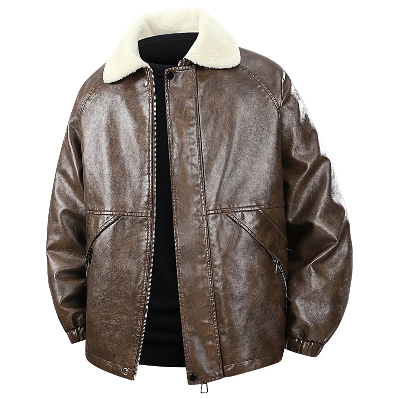 

2025 New Winter Thickened Warm Men's Leather Jacket Large Size Loose Thick Jackets Man Winter Padding Outdoor Windproof Coat