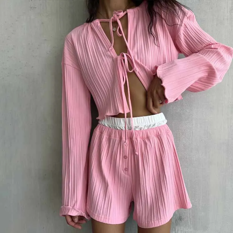 

European and American Amazon Pink Striped Cardigan Pajamas Two-piece Casual Loose Long-sleeved Shorts Loungewear Suit Women
