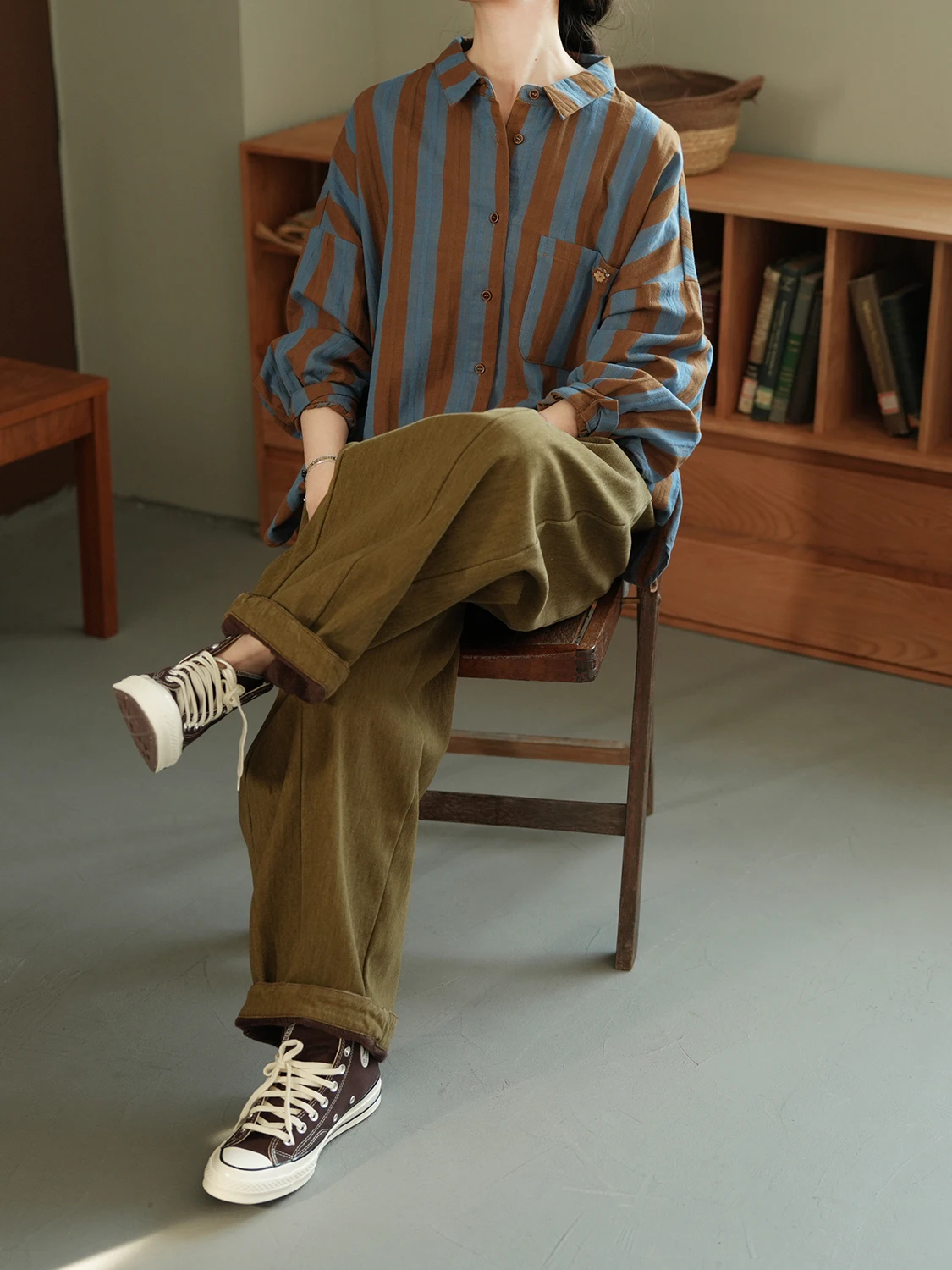 

LRCP Vintage irt Loose Fit with Turn-down Collar Color-woven Vertical Stripes Comfortable Breathable Cotton Linen Blend