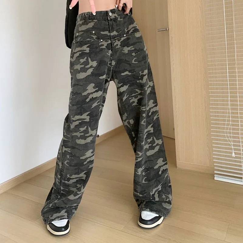 

Lucyever American Retro Camouflage Jeans Female Wild Loose High Waist Cargo Pants Woman Y2K Streetwear Straight Denim Trousers