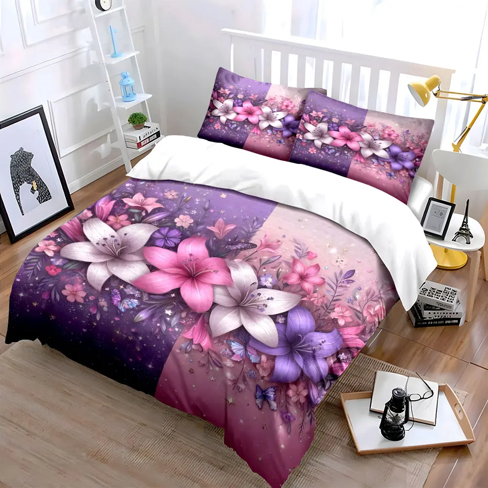 Stunning lilies with butterfly blossoms Printed Duvet Cover Set1 Duvet Cover+2 PillowcaseMulti Size Bedroom Bedding Decoration