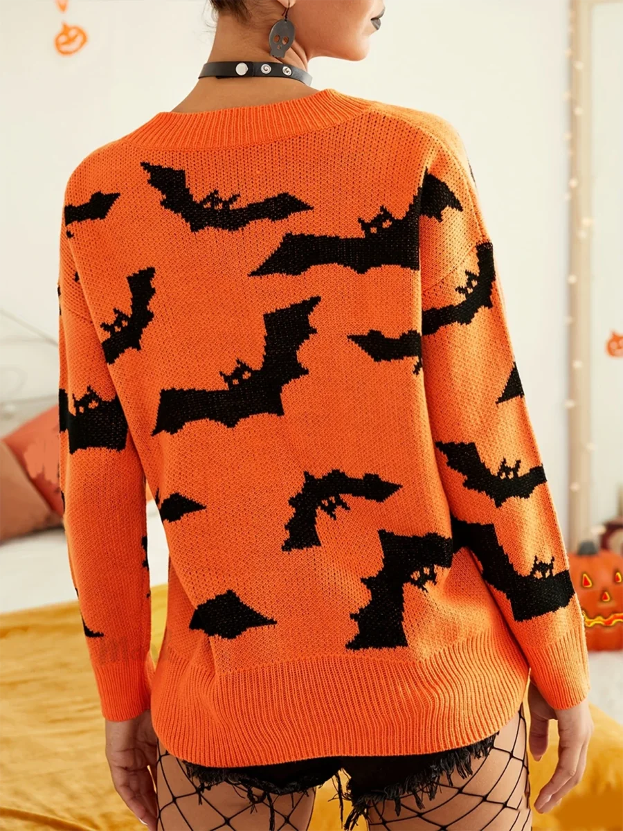 Pull à motif de chauve-souris d'Halloween pour femme, pull à manches longues, pull à col rond, streetwear chaud, décontracté, mode, automne, hiver